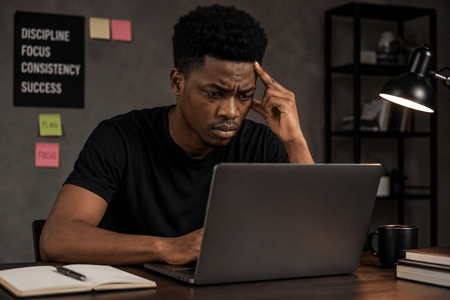 Focused student working on a laptop